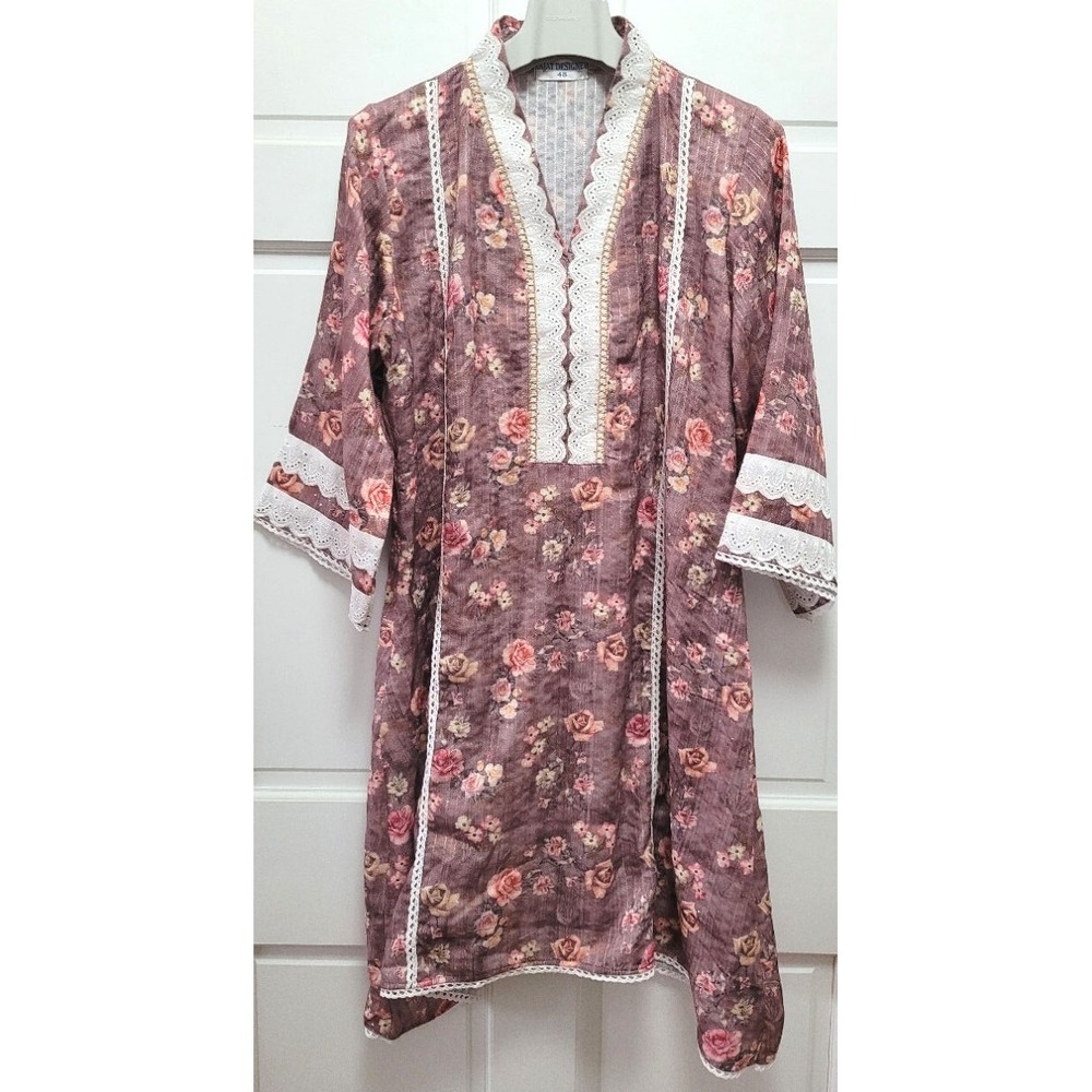 Rajat Designer Women's Floral Textured‎ Kurta Top w/ Eyelet Trim - Mauve - Sz 48